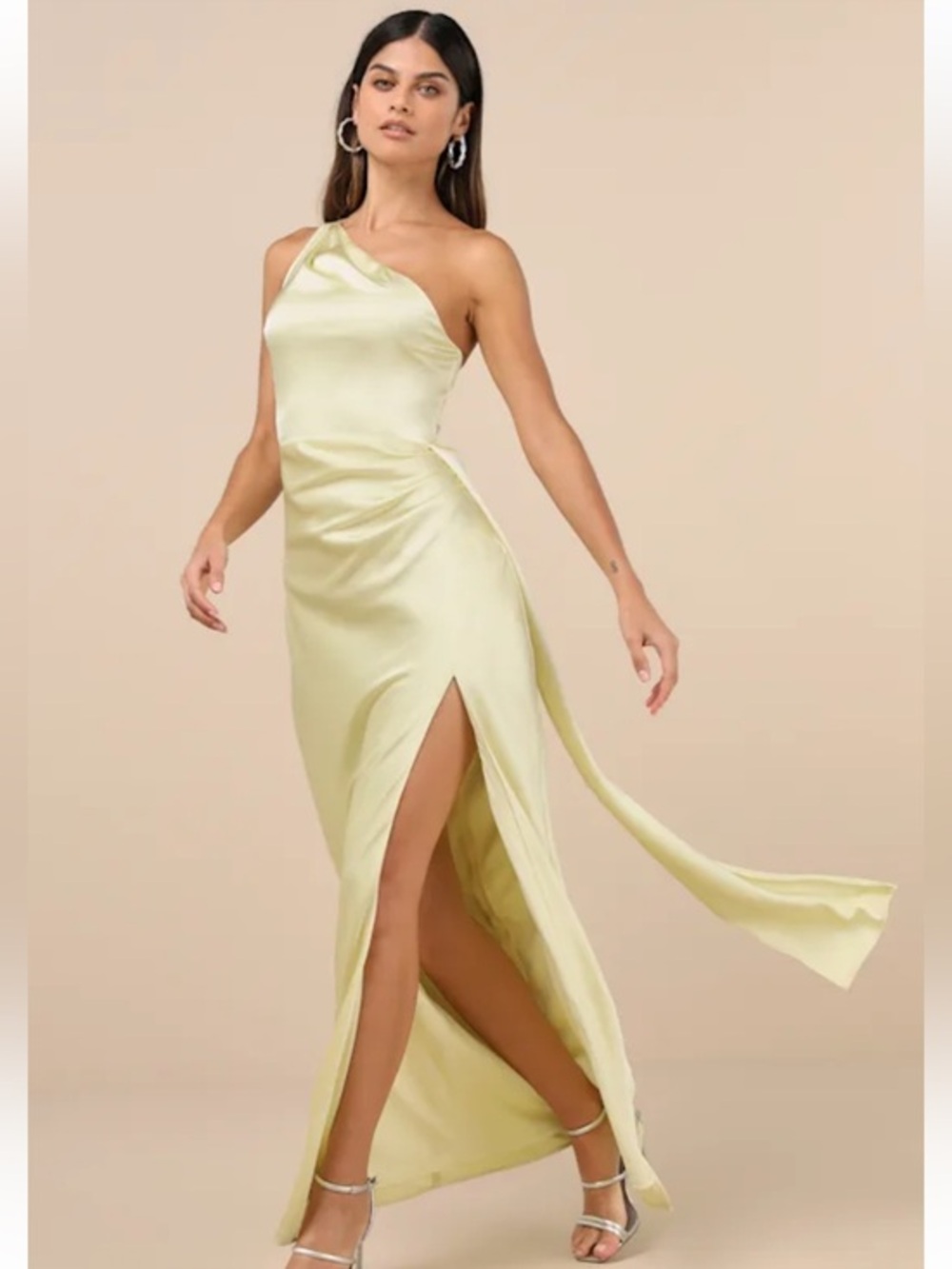 NWT Lulus Signature Elegance Pale Yellow Satin One-Shoulder Maxi Dress